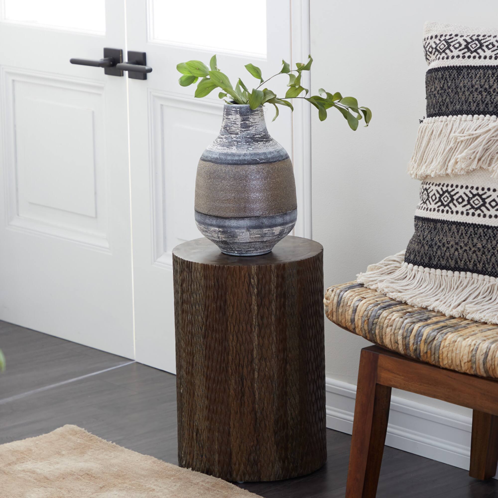 18" Brown Teak Wood Contemporary Stool